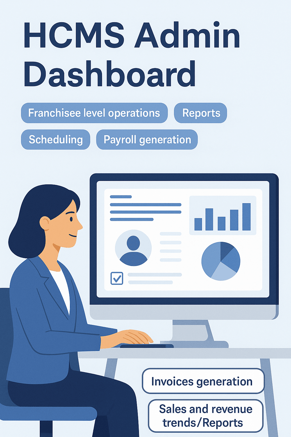 HCMS Admin Dashboard showing franchisee-level operations, scheduling, payroll generation, invoicing, and sales & revenue reports