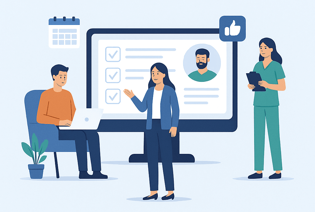 HCMS platform showing multi-role users: caretakers, clients, and administrators accessing the Home Care Management System