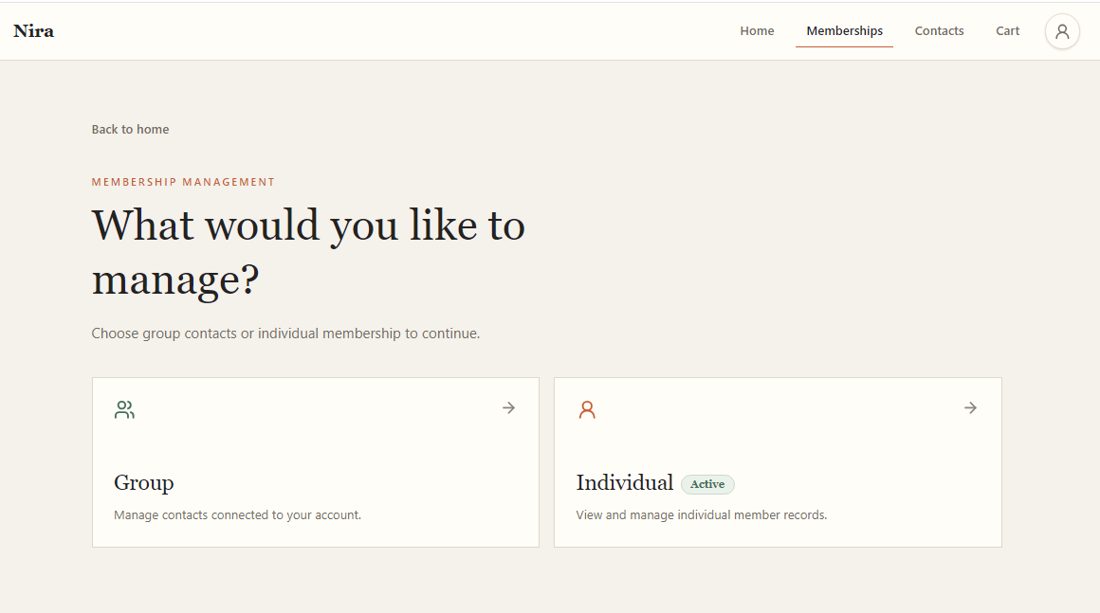 Membership management screen with Group and Individual options