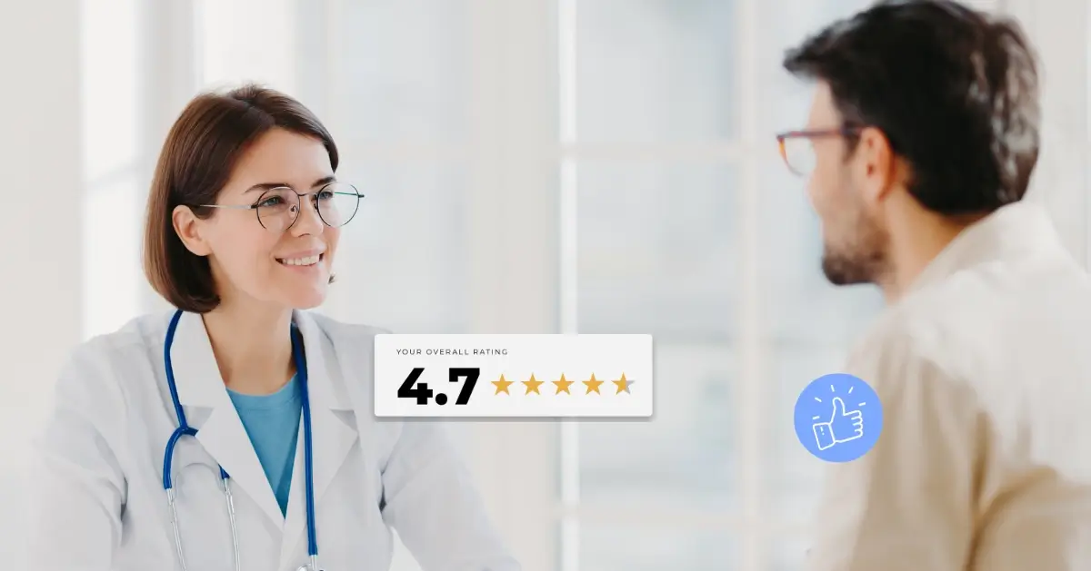 Patient review platform showing star ratings, written feedback, and satisfaction scores
